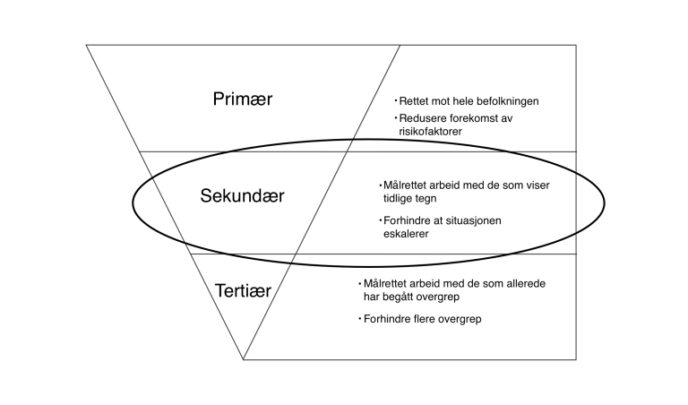 Bilde av en figur som viser tre faser av forebyggende intervensjoner: primær, sekundær og tertiær.