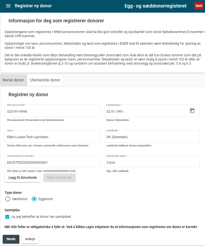 Eksempelbilde på registrering av utenlandsk eggdonor