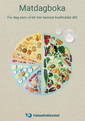 Forsiden av Matdagboka viser kostsirkelen, hvor man ser at halvparten av det man spiser bør være frukt og grønt.