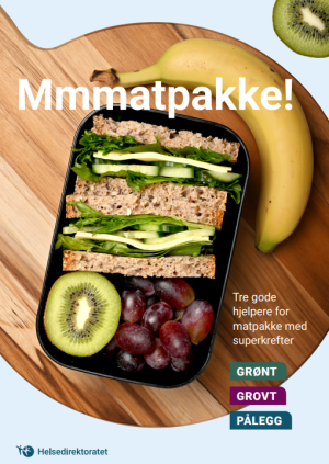 Brosjyrens forside som viser en matboks med brødskiver og ost, salat, kiwi, druer og banan.