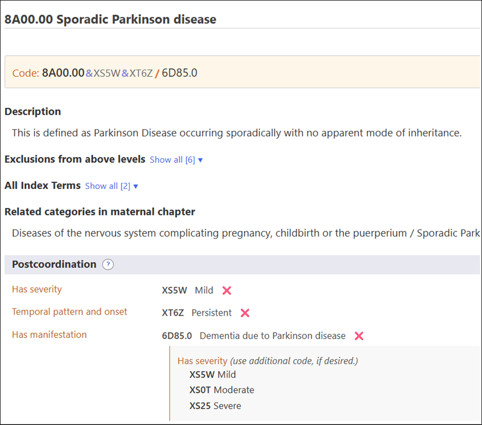 Skjermbilde som viser kodeoppbyggingen for diagnosen Sporadic Parkinson disease (8A00.00) som videre kan utvides gjennom postkoordinering for å angi alvorlighetsgrad, varighet og tilleggsmanifestasjoner som demens.