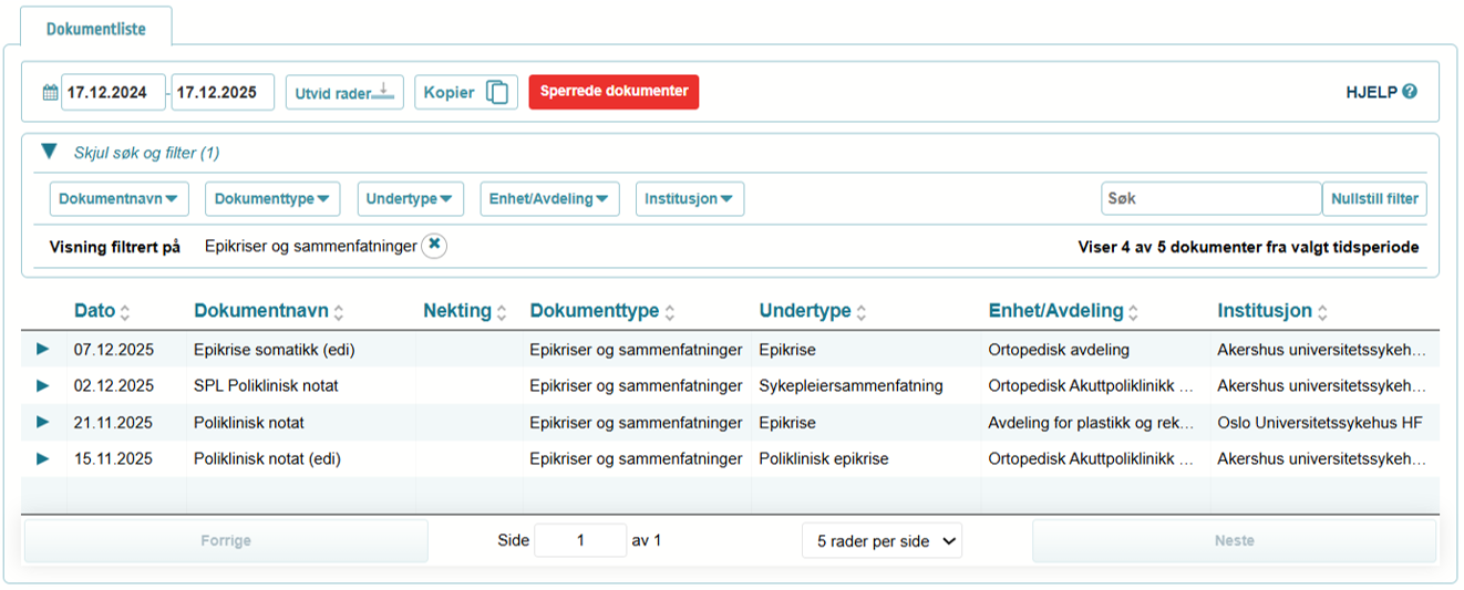 Figur som viser listen over referanser til dokumenter som er tilgjengeliggjort om pasienten. Referansene består av metadata om dokumenter. Det er mulig å søke, filtrere og sortere metadata for å få enklere oversikt over pasientens tilgjengeliggjorte journaldokumenter.