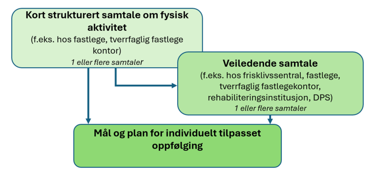 Figur som viser at en kort strukturert samtale kan føre til "mål og plan for individuelt tilpasset oppfølging", enten direkte, eller via en veiledende samtale.