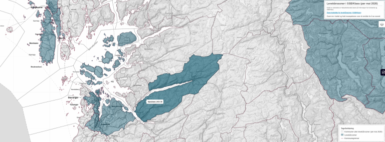 Utsnitt av kart over deler av Rogaland som viser at noen kommuner er inndelt i soner.