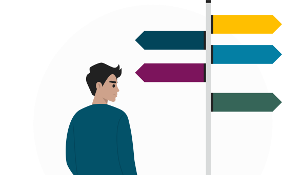 Tegning av mann som ser på skilt som peker i ulike retninger.