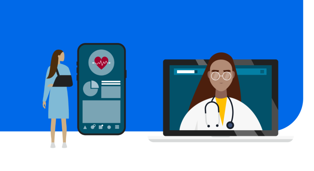 Illustrasjon. Kvinne som mottar helsehjelp på mobil. Kvinnelig lege på skjermen til en laptop.  