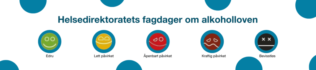 De fem symbolene for å beskrive grad av alkoholpåvirkelse og teksten "Helsedirektoratets fagdager om alkoholloven"