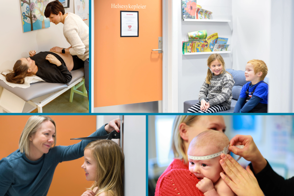 Kollasj av fire bilder som viser forskjellige situasjoner på en helsestasjon