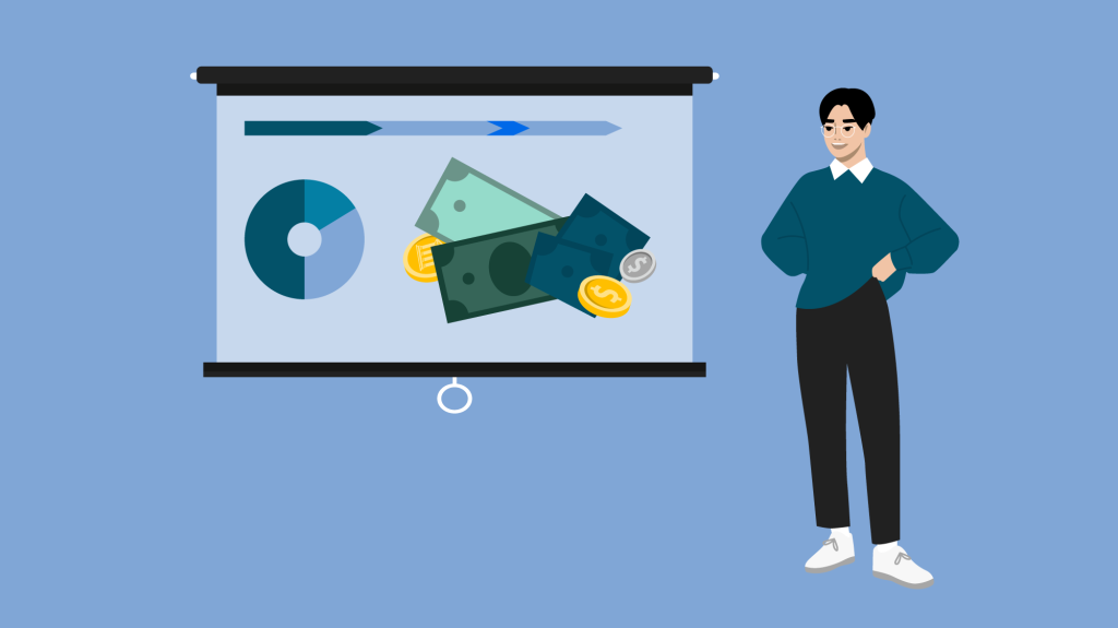 Illustrasjon av mann som holder presentasjon om penger