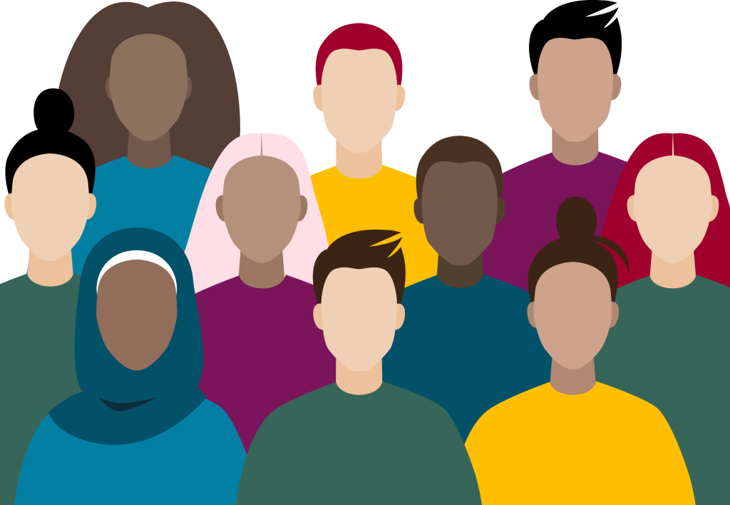 Illustrasjon av multikulturell gruppe mennesker uten ansikter