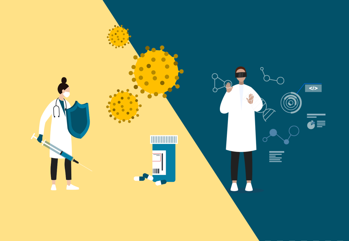 Illustrasjon av helsepersonell som bekjemper virus med medisin og vaksine som skjold.