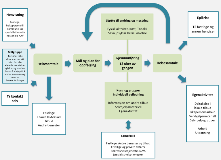 Skissen gir en oversikt over de ulike stegene frisklivstilbudet og hvordan disse er knyttet sammen.