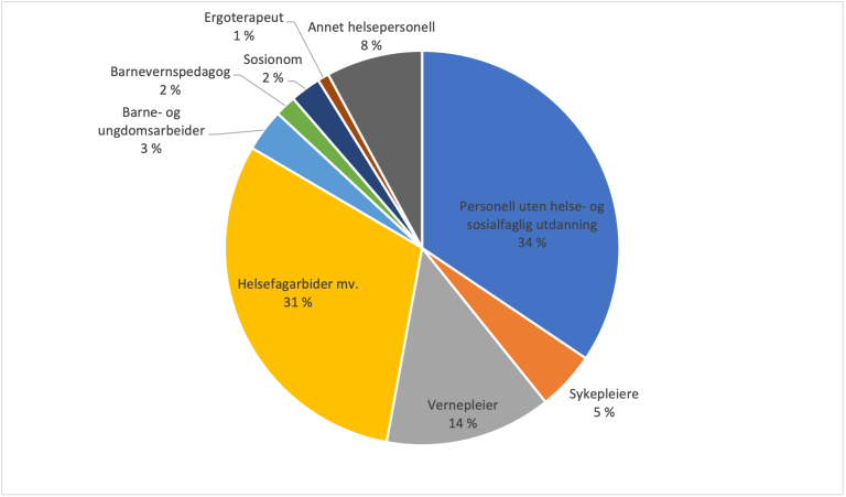 De største utdanningsgruppene har utdanning innen helse- og sosialfaglig (34 %), er helsefagarbeider mv. (31 %) eller vernepleier (14 %).