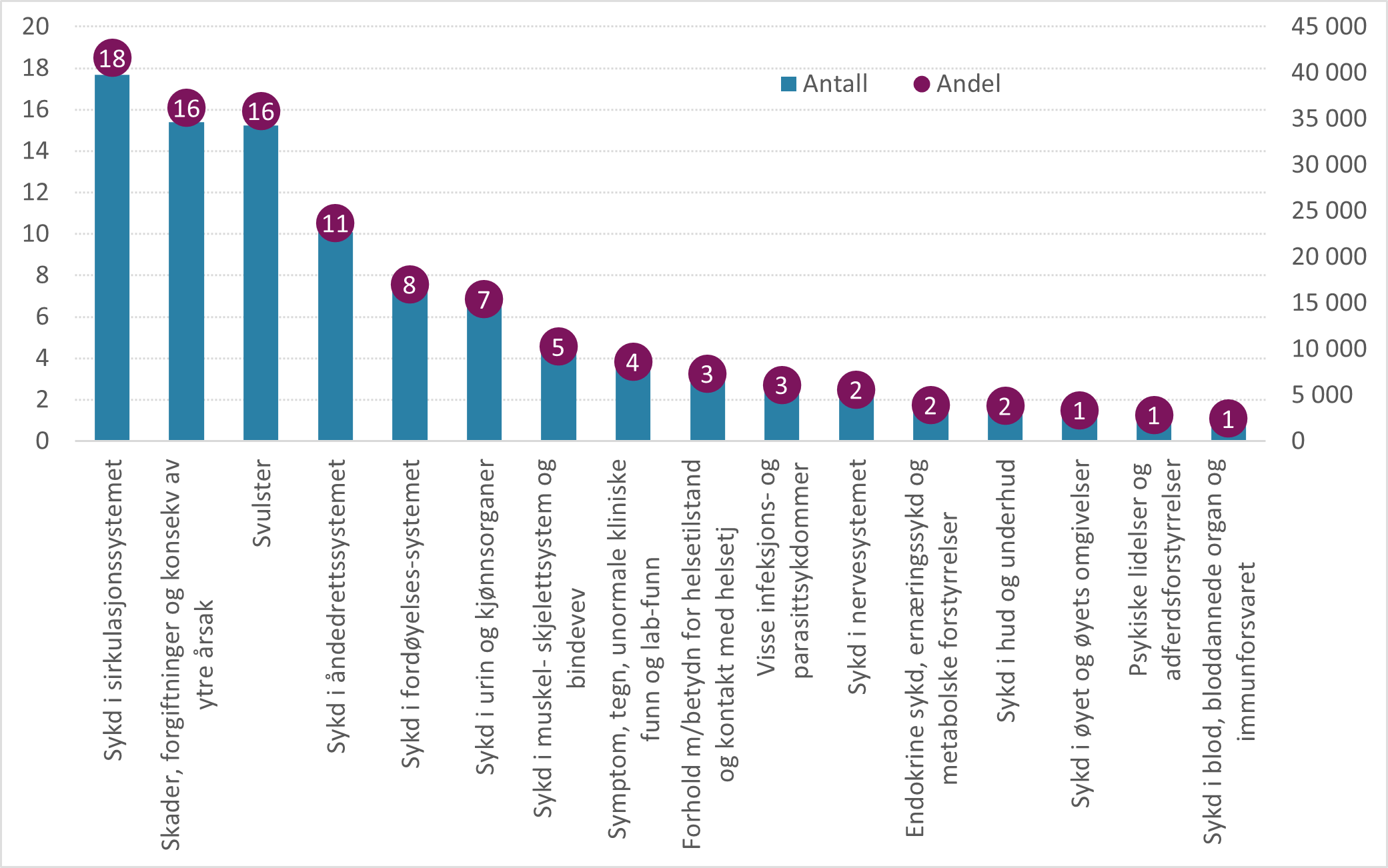 Antall og andel DRG-poeng etter hovedkapitlene i ICD-10 for skrøpelige eldre 2021.