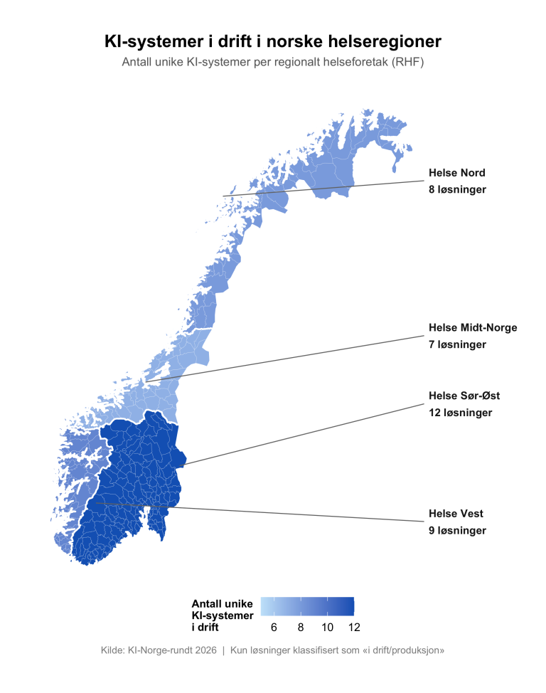 Kartet viser at det er 12 løsninger og dermed flest, i Helse Sør-Øst. I Helse Midt-Norge er det sju løsninger. Helse Nord har åtte og Helse Vest har ni løsninger.