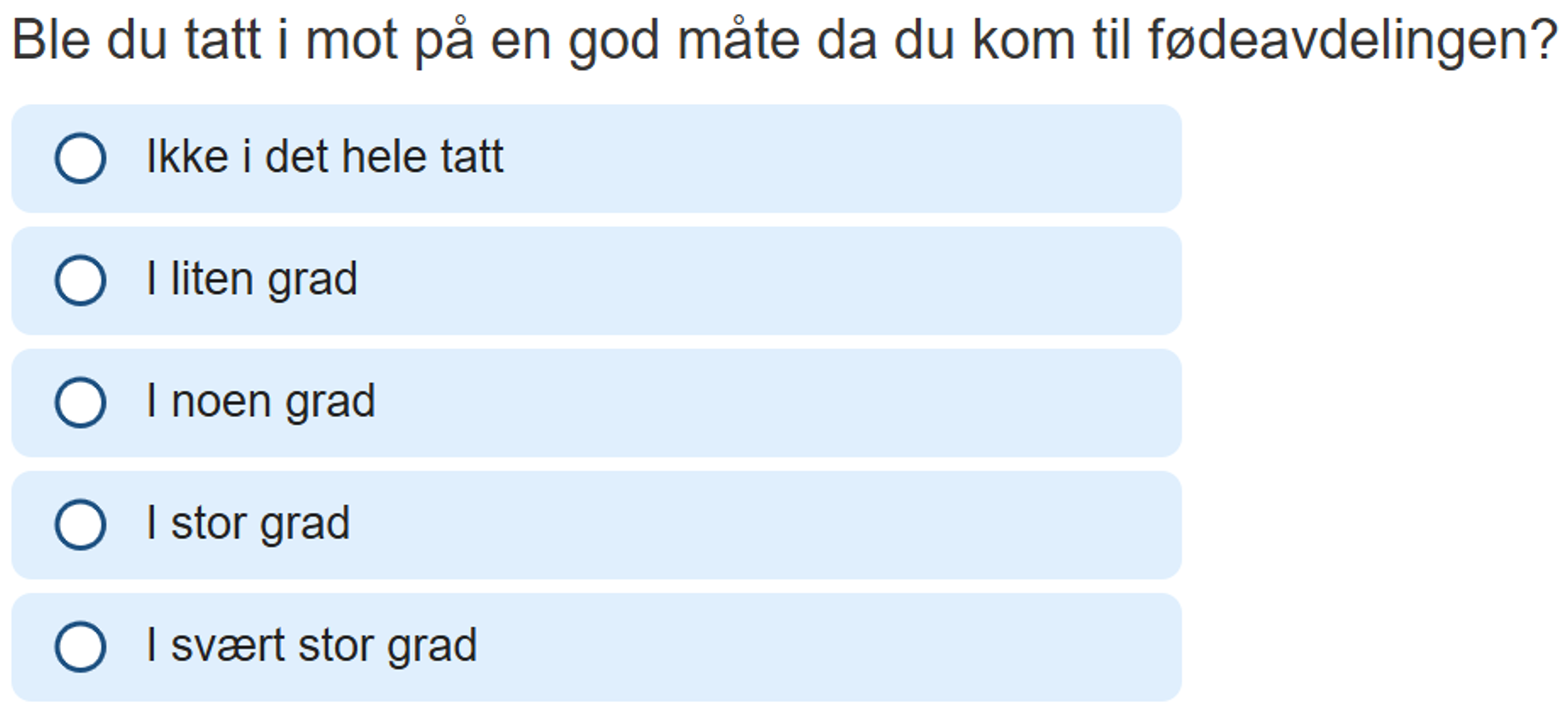 Figur 1. Eksempel på spørsmål og svaralternativer i spørreskjemaet: Spørsmålet «ble du tatt imot på en god måte på fødelavdelingen» har fem svaralternativer: «ikke i det hele tatt», «i liten grad», «i noen grad», «i stor grad» og «i svært stor grad».