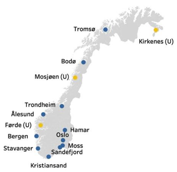 Figur 1. Geografisk plassering. Figur fra NOVA-evaluering av Statens barnehus 2021 (Bakketeig et al., 2021).