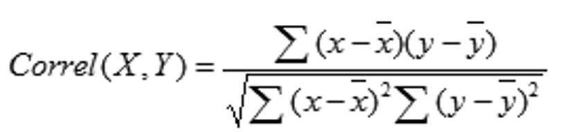 Figuren viser ligningen for korellasjonskoeffisienten