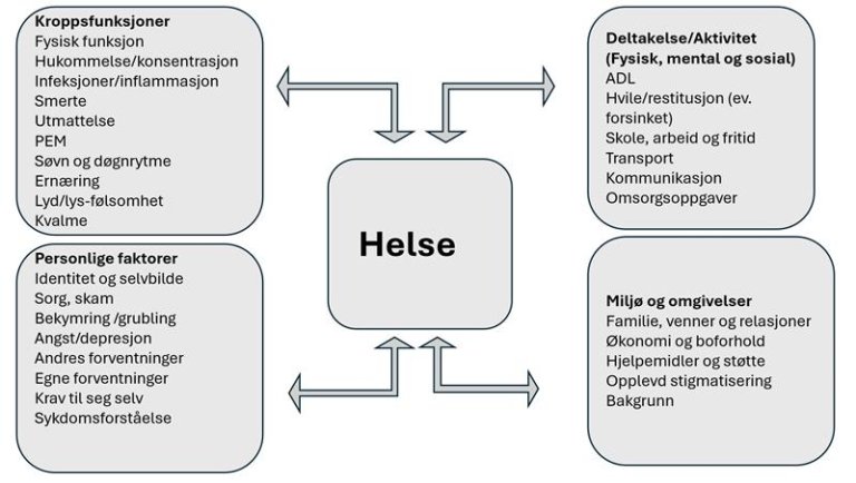 Fig. 1 Det komplekse samspillet mellom ulike helserelaterte faktorer. (Tilpasset modell basert på ICF. Faktorene er kun eksempler).    