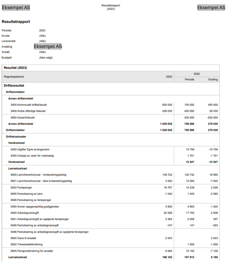 Bildet viser ek fiktivt eksempel på en økonomiutskrift.