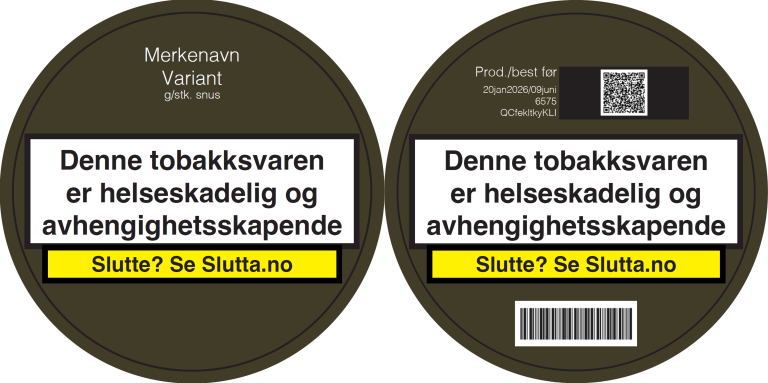 Illustrasjon av forsiden og baksiden av en snusboks og mulig plassering av med helseadvarsler, henvisning til slutta.no, samt merkenavn, strekkoder og annen informasjon.