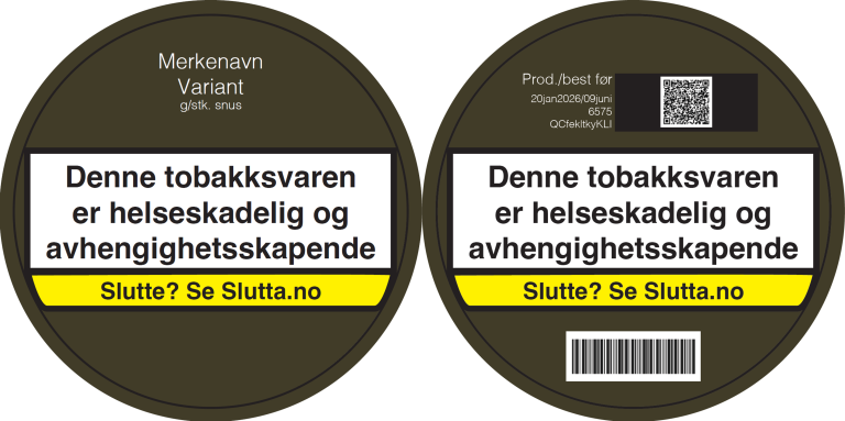 Illustrasjon av forsiden og baksiden av en snusboks og mulig plassering av med helseadvarsler, henvisning til slutta.no, samt merkenavn, strekkoder og annen informasjon.